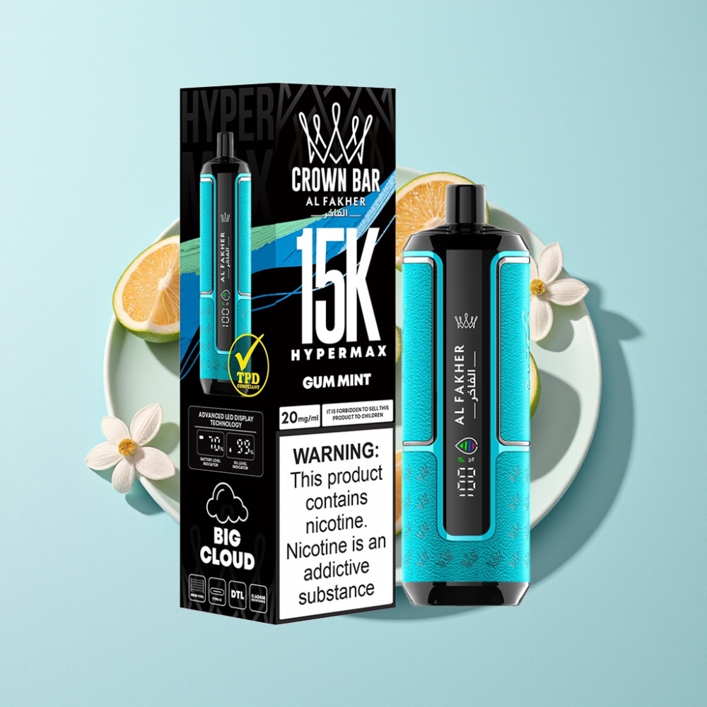 Al Fakher Crown Bar 15K Hypermax Bärbar E-Cigg med Gum Mint och Typ-C-laddning