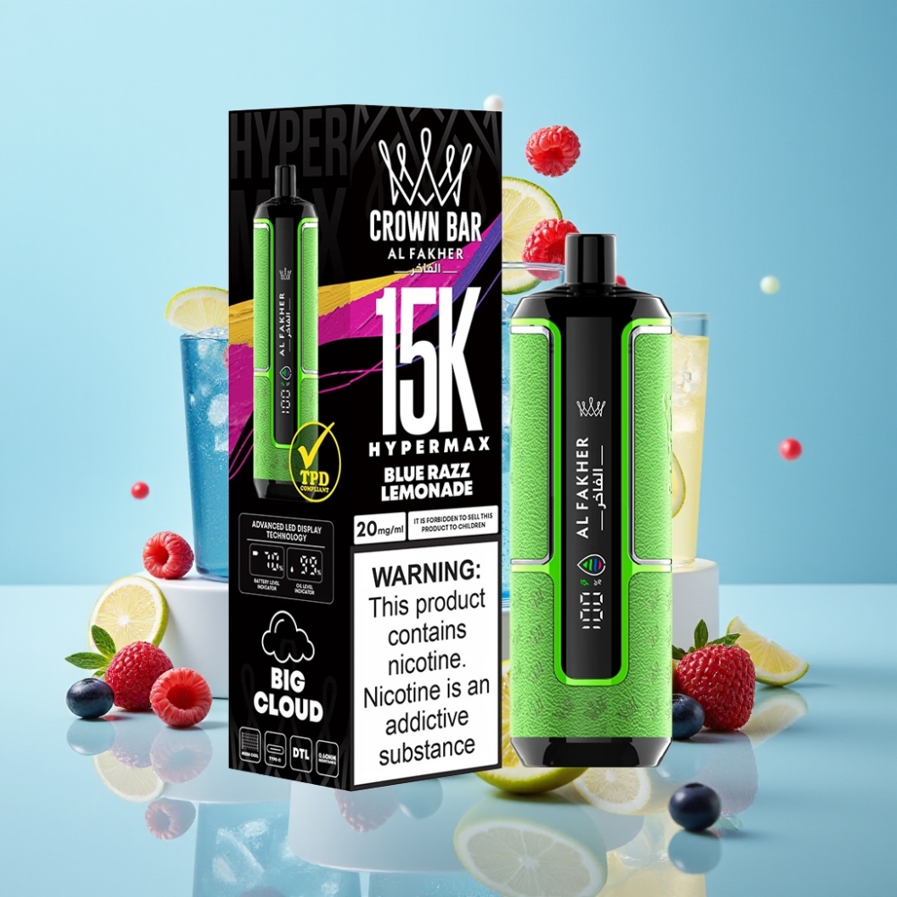 Al Fakher Crown Bar 15K Hypermax Engångsvape 22ml 600mAh Type-C Blå Hallon Lemonad