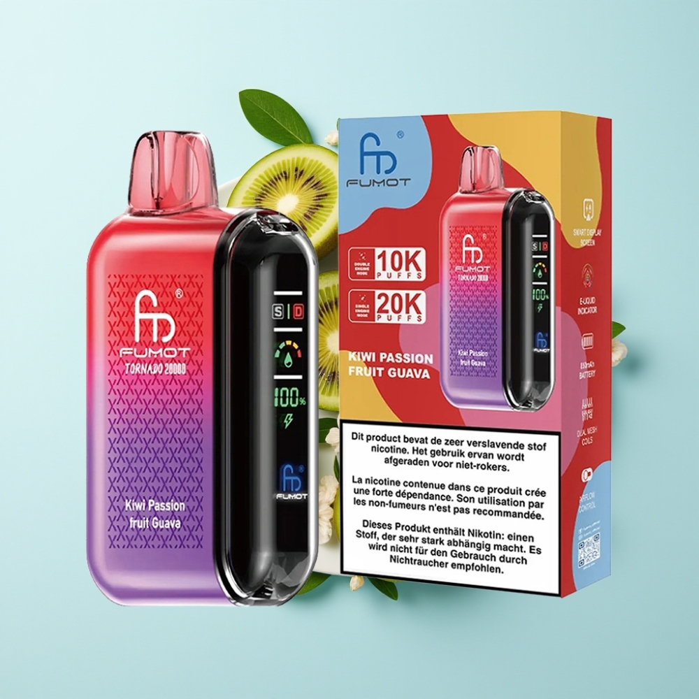 Fumot Tornado 20000 Puffs Dual Mesh 20ml Smart Display Kiwi Passionfrukt Guava