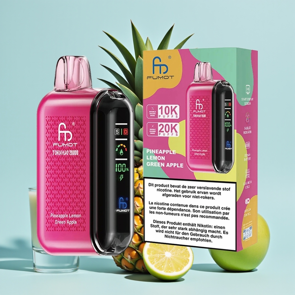 Fumot Tornado 20000 Puffs Dual Mesh Coil Smart Display Luftflödeskontroll Ananas-citron-grönt äpple