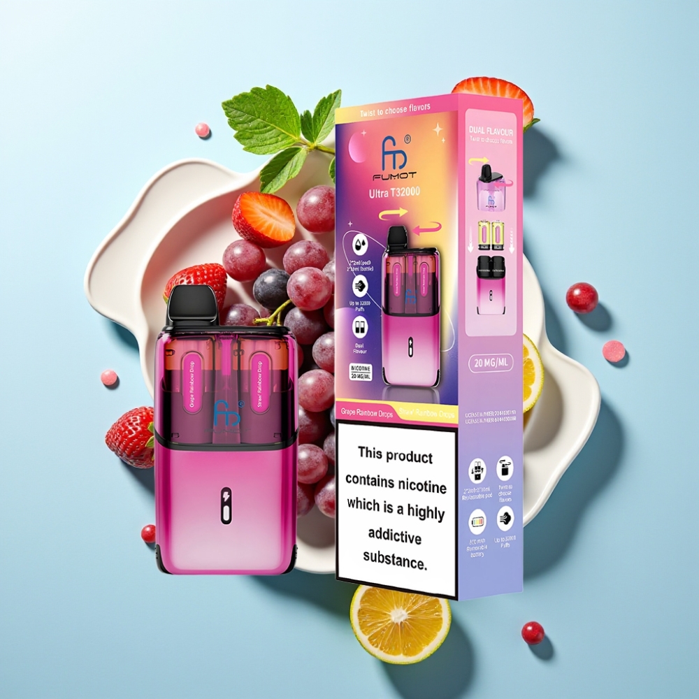 Fumot Ultra T32000 Disposable Vape 32000 puffar 24ml Type-C Grape Rainbow Drops - Straw Rainbow Drops