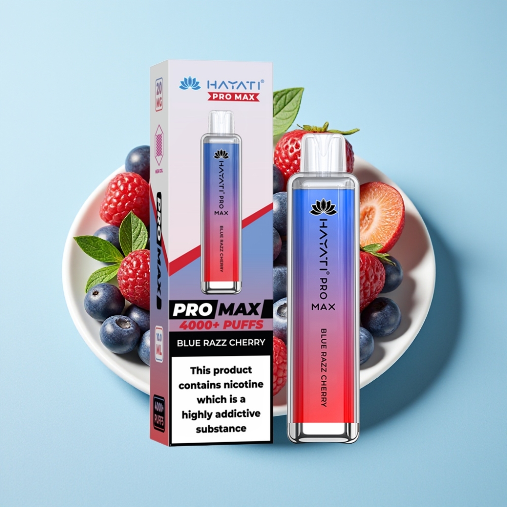 Hayati Pro Max 4000 Puffs Återuppladdningsbar Disposable Vape Blå Hallon Körsbär Dual Mesh Coil