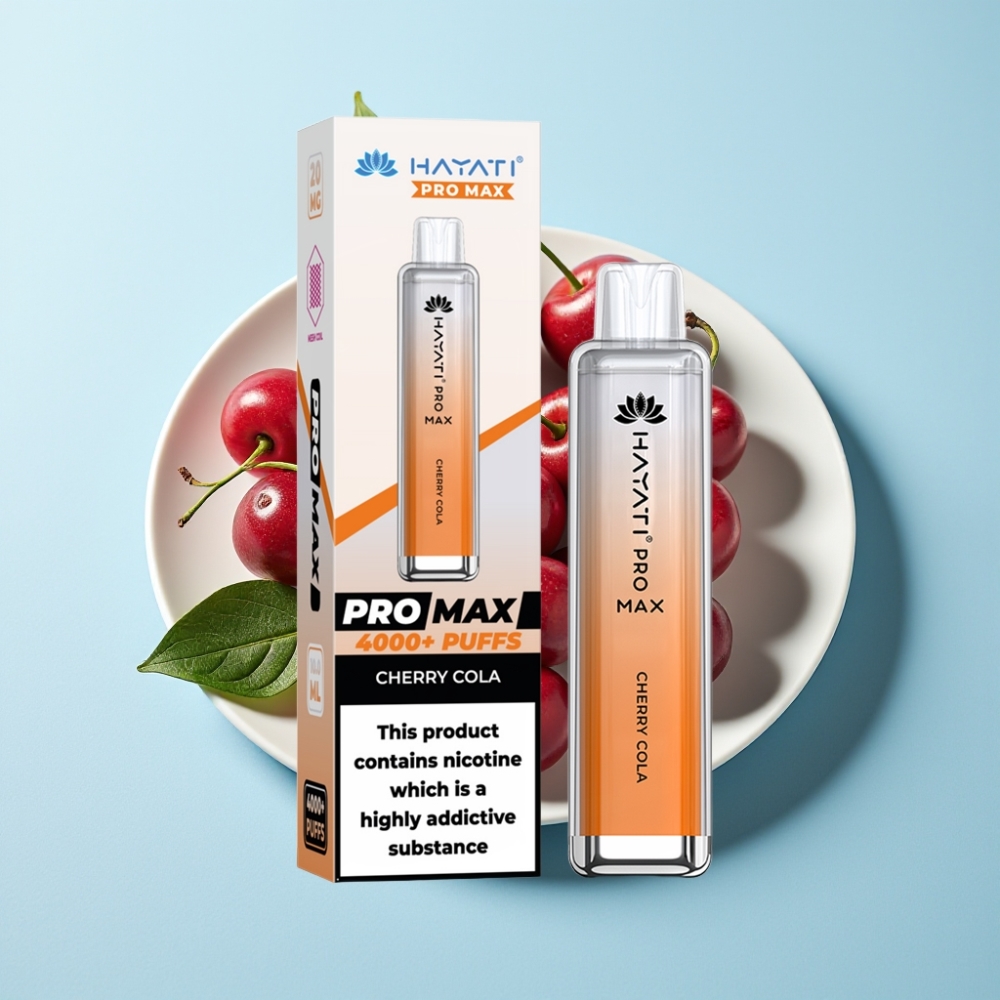 Hayati Pro Max 4000 Puffs Återuppladdningsbar Disposable Vape med LED  Crystalutseende Körsbärscola